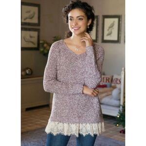 ✨Soft Surroundings Soft Spoken Knit Lace Trim V-Neck Pink Marled Sz PM Sweater✨